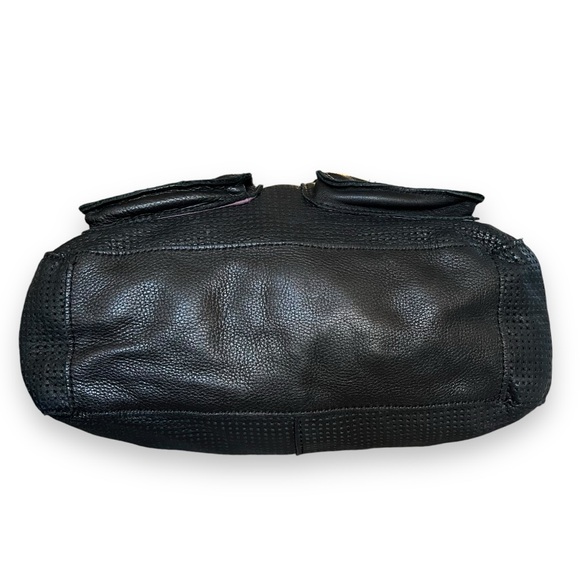 Linea Pelle Large Black Leather Perforated Zip Top Shoulder Bag Satchel Purse - Picture 3 of 11